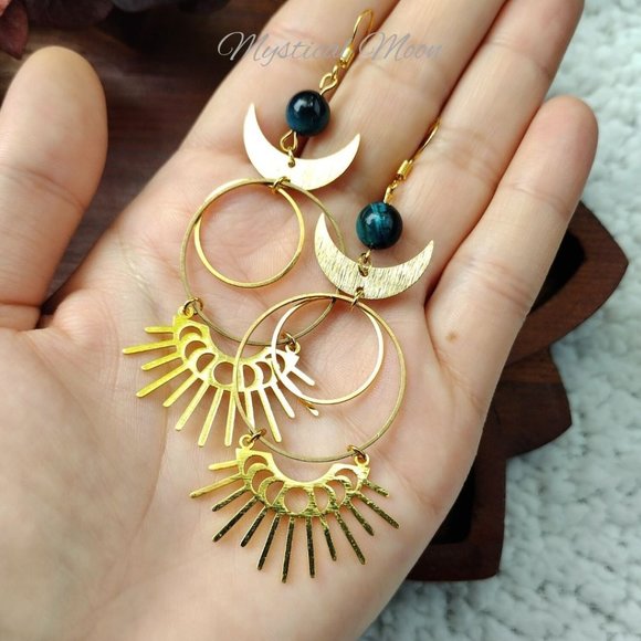 Moon Phases Sunshine Dangle Earrings with Blue Tigers Eye Boho Celestial - Picture 7 of 7